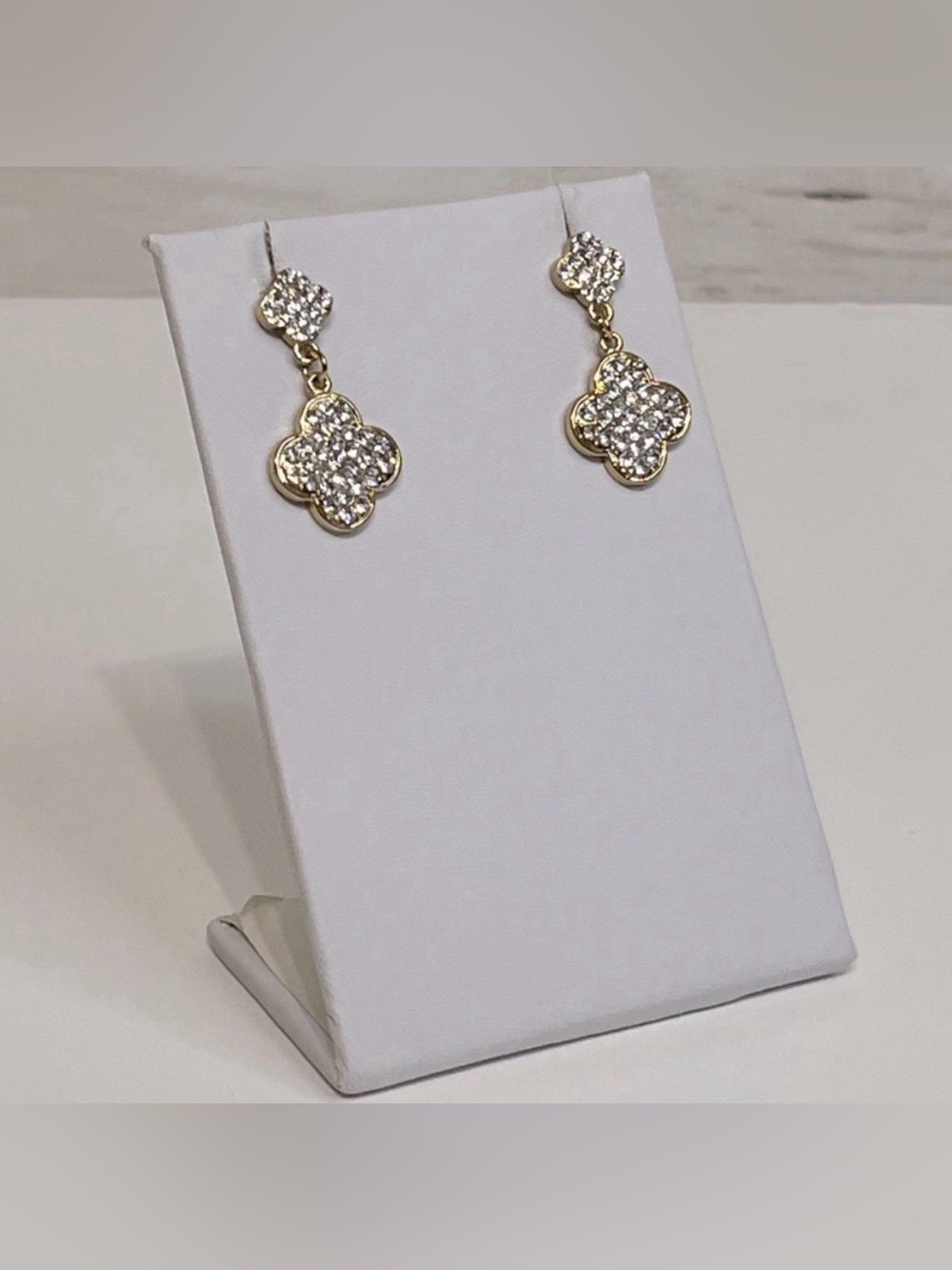 NEW Double Pavé Crystal & Gold Plate Clover Dangle Earrings